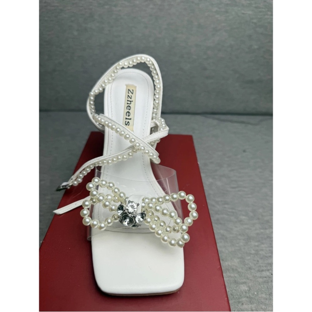 Zzheels Slingback Heels Women's‎ Size 7 White Square Toe Double Bowknots Crystal
